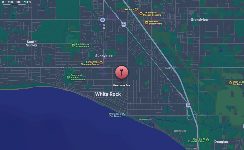 A map view of where Oxenham Ave is located in White Rock, BC